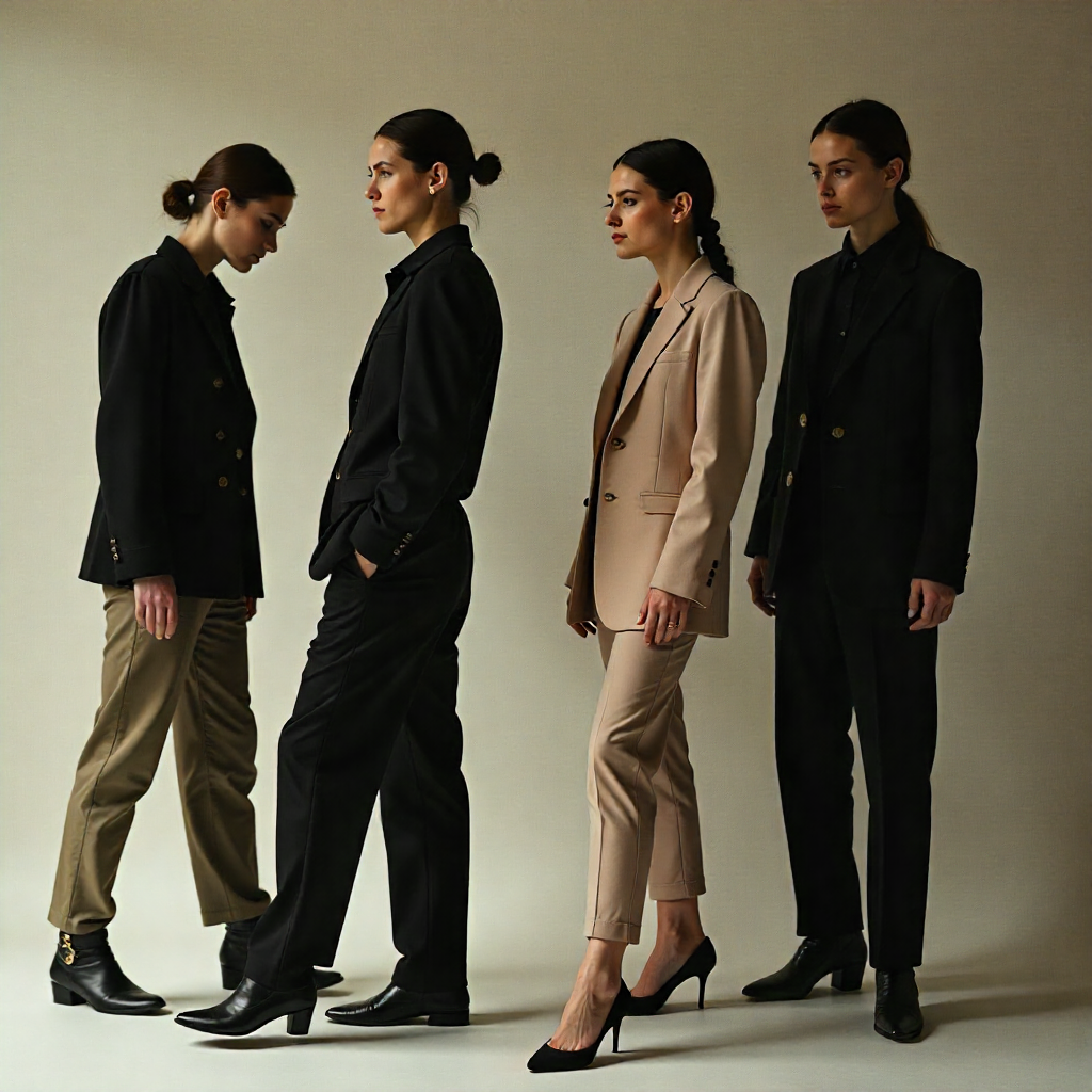 Elegant organized wardrobe with classic clothing pieces